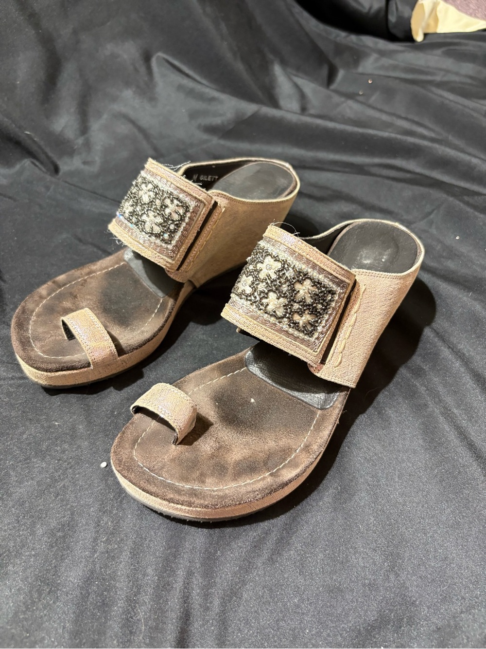 Donald J. Pliner Brown Suede Embellished Toe-Loop Wedge Mules